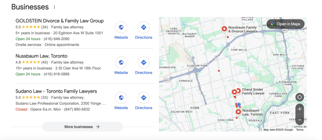 Google Business Profile listings for family law firms in Toronto, showing law firms with ratings, contact details, and a local map for improved SEO visibility.